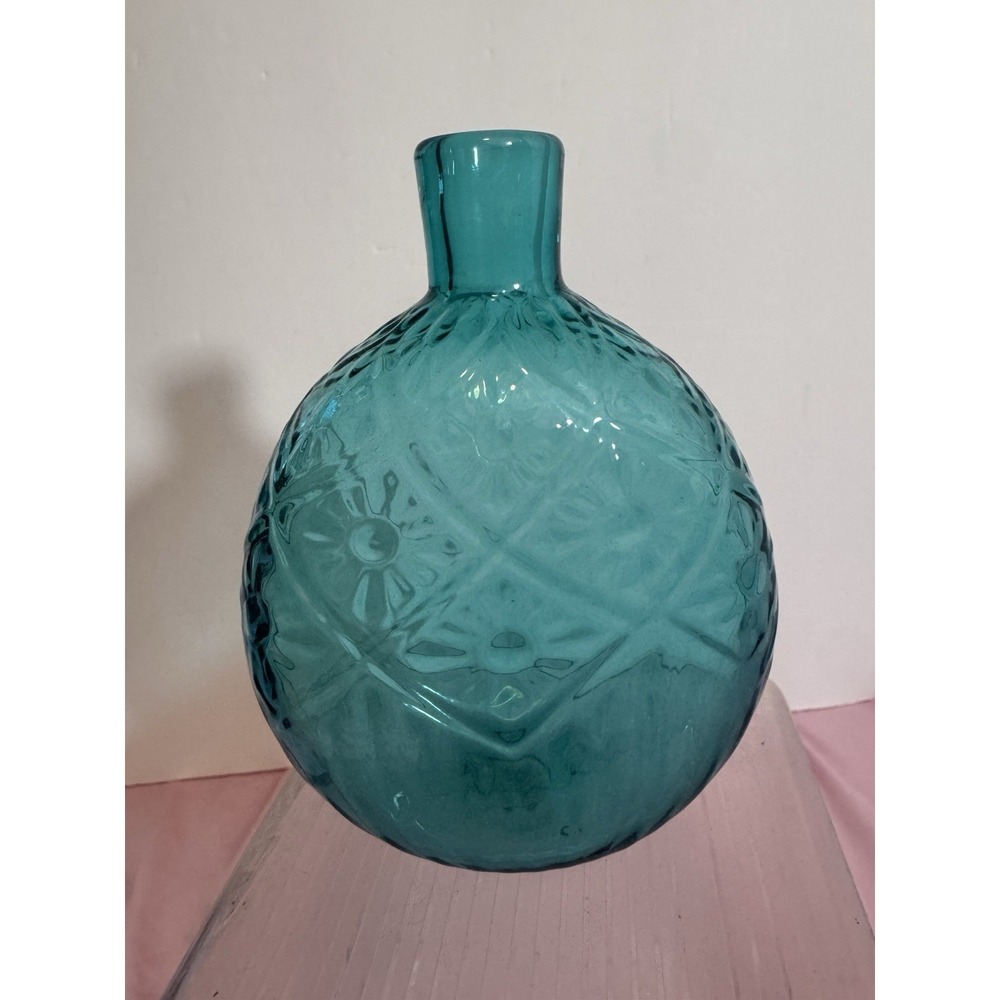 Hand Blown BLUE Glass Vase Quilted Pattern Molded Flask Signed MMA Light Blue